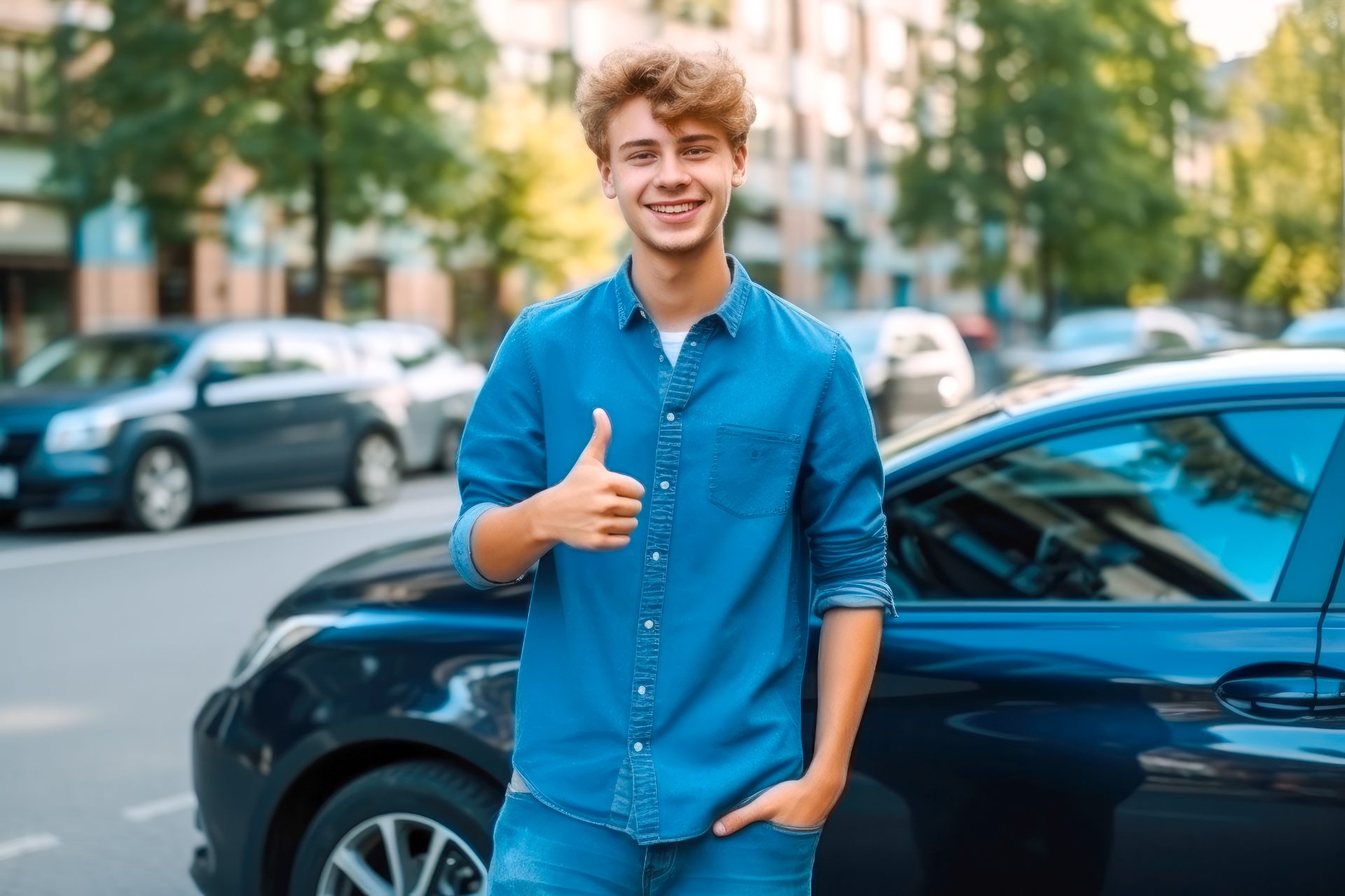 Tevreden jongeman toont thumbs up naast auto na het auto theorie examen aanvragen